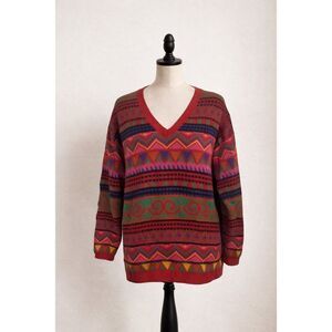 Vintage Geometric Knit Sweater Women’s Size L Colorful V-Neck Oversized